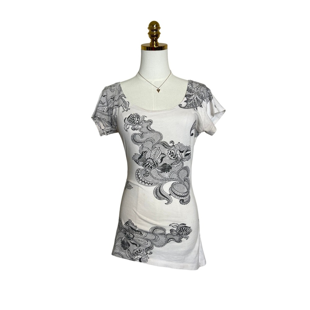 L.O.L. Vintage Womens White Black Floral Lace Graphic T-Shirt Y2K Style